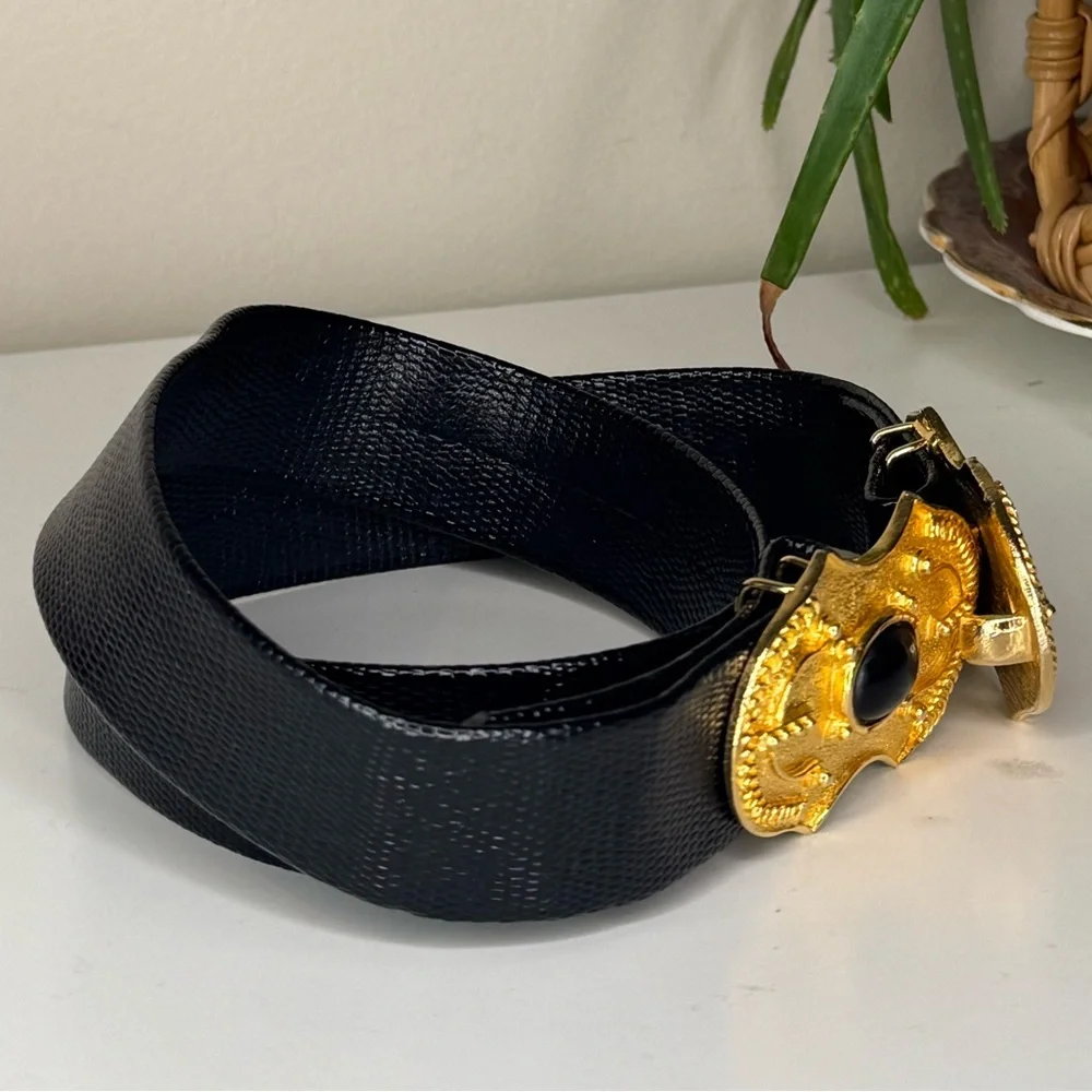 Vintage 1985 Gay Boyer Dover Belt Baroque Gold Buckle Black Lizard Embossed Belt